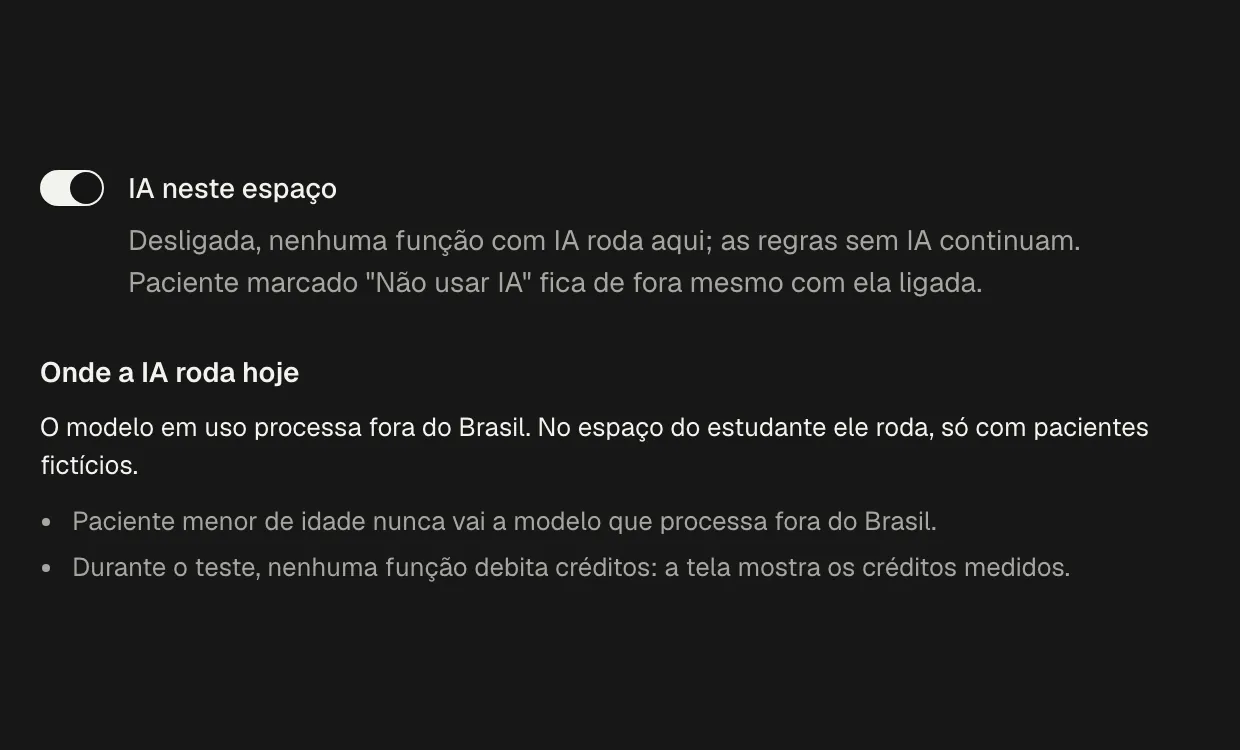 Configurações da IA no espaço do estudante: a chave IA neste espaço ligada e a explicação de onde a IA roda hoje.