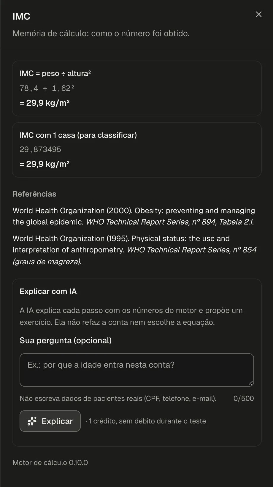 Memória de cálculo do IMC de um caso fictício, com a seção Explicar com IA: campo para a pergunta e o botão Explicar com o custo de 1 crédito.