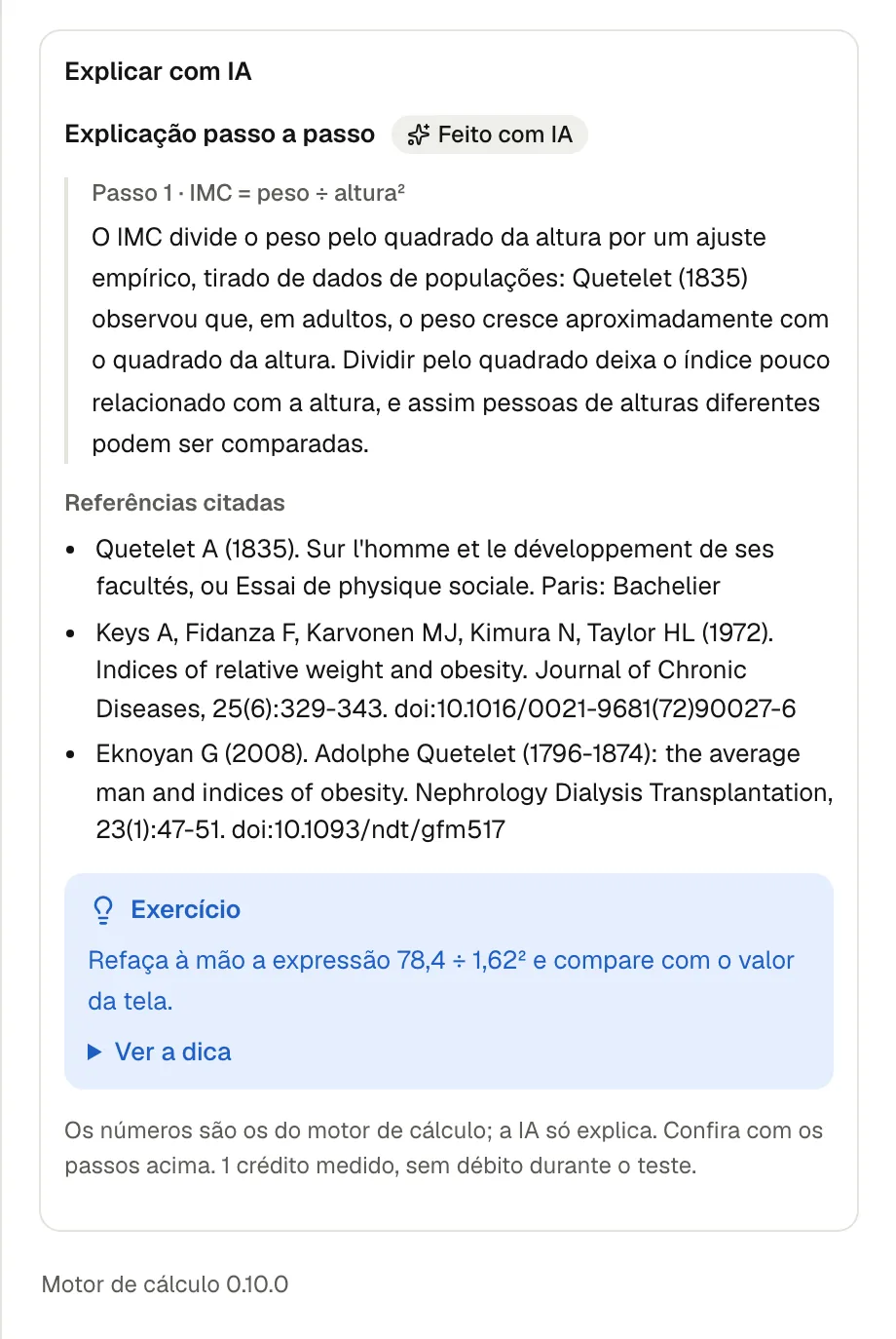 Explicar com IA na memória de cálculo do IMC de um caso fictício: explicação passo a passo marcada como Feito com IA, referências citadas, um exercício e o aviso de que os números são os do motor.